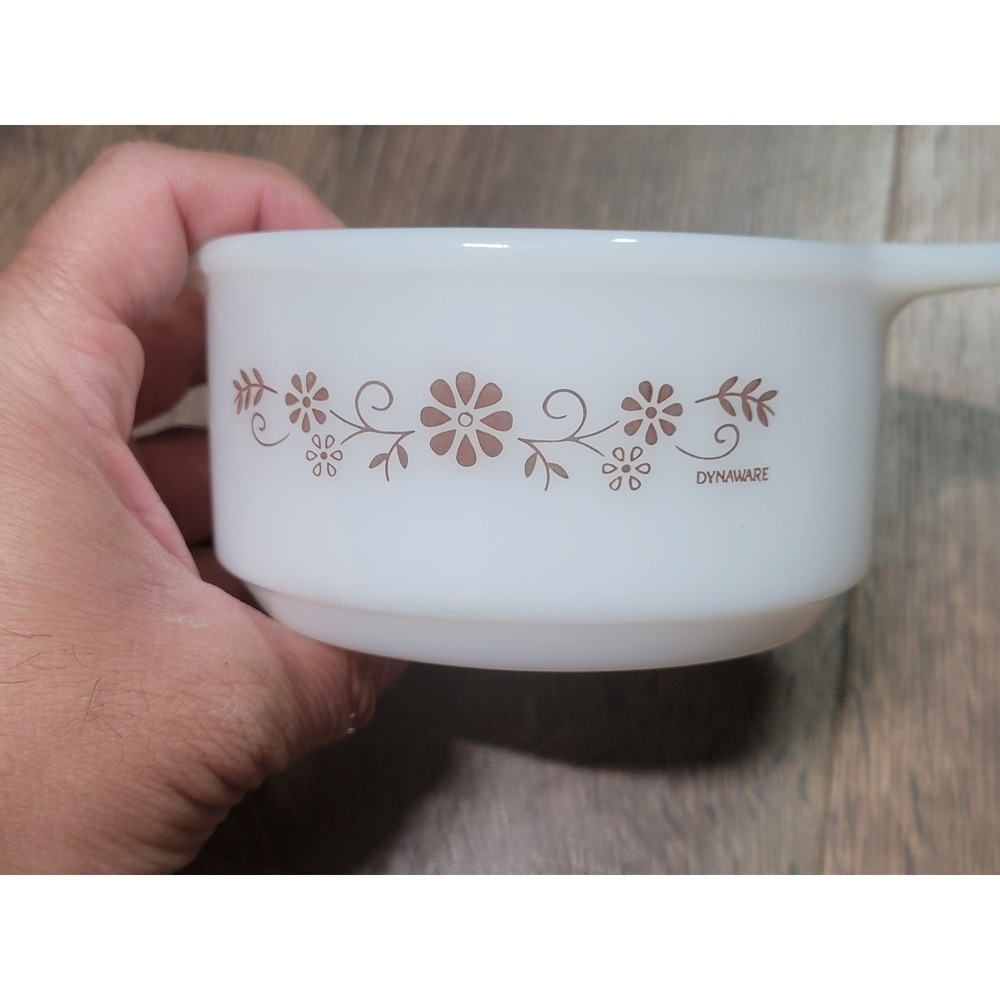 Dynaware Mexico Milk Glass Ramekin Brown Floral Scroll Tab Handle White Bowl 12